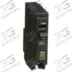 SQUARE D Miniature Circuit Breaker: 40 A, 120/240V AC, Single Phase, 10kA at 120/240V AC, 1 Poles (MPN QO140). Key specifications — Phase: Single; Amps: 40 A; AC Voltage Rating: 120/240V AC; Max. AIR Rating: 10kA at 120/240V AC; For Use With: QO Load Centers and NQ Panelboards; Brand: SQUARE D.