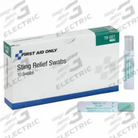 FIRST AID ONLY Bite/Sting Relief: Benzocaine, Swab, Packets, 0.081 oz Size, 10 PK (MPN 19-001). Key specifications — Purpose: Insect Stings; Unit Package Type: Packets; Unitized: Unitized; Concentration: Benzocaine 20%; Manufacturer Part Number: 19-001; Alcohol Content: Contains Alcohol; Active Ingredient: Benzocaine; Brand: FIRST AID ONLY.