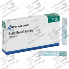 FIRST AID ONLY Bite/Sting Relief: Benzocaine, Swab, Packets, 0.081 oz Size, 10 PK (MPN 19-001). Key specifications — Purpose: Insect Stings; Unit Package Type: Packets; Unitized: Unitized; Concentration: Benzocaine 20%; Manufacturer Part Number: 19-001; Alcohol Content: Contains Alcohol; Active Ingredient: Benzocaine; Brand: FIRST AID ONLY.