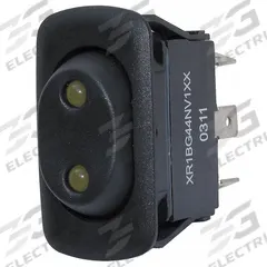 EATON Lighted Rocker Switch: 3 Positions, SPDT, On/Off/On, Amber (MPN XR1BG44NV1XX). Key specifications — AC Contact Rating: 10 A @ 277 V; Horsepower: 3/4 hp @ 277 V; Operator Illumination: Illuminated; Terminal Connection Type: 0.25 in Quick Connect Tab; Includes Lens: Lens Included; Series: X; Displayed Brand: EATON; Manufacturer Part Number: XR1BG44NV1XX.