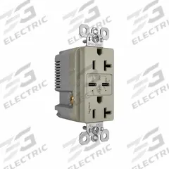 USB Receptacle: Duplex, 5-15R, 2 USB Ports, USB Type C, Gray, 125V AC, 20 A (MPN TR20USBPDNI). Key specifications — Brand: PASS & SEYMOUR.