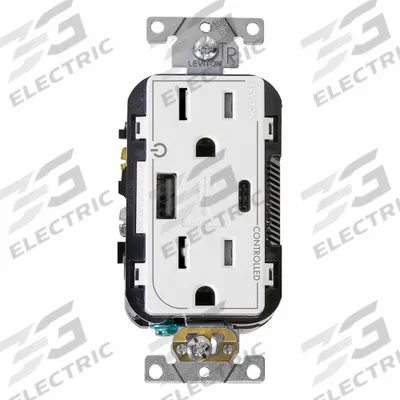 LEVITON Receptacle: Duplex, 5-15R, 1 USB Ports, USB Type A/C, White, 125V AC - Weather-Resistant Receptacles with USB Chargers