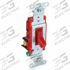 BRYANT Wall Switch: Toggle Switch, 3-Way, Maintained, Red, 120/277V AC, 20 A (MPN 4903BRED). Key specifications — Illuminated: No; Voltage Rating: 120/277V AC.