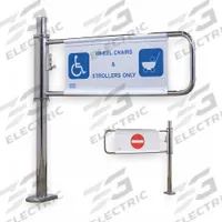 TURNSTILE Lockable Gate: 2-Way, Mechanical, Left Hand, 38 1/2 in Overall Ht, Brushed Chrome Finish (MPN 2031-S-EX). Key specifications — Operation: Mechanical; Operation Orientation: Left Hand; Finish: Brushed Chrome; Exit Style: Locking; Brand: TURNSTILE.