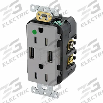 LEVITON Receptacle: Duplex, 5-15R, 2 USB Ports, USB Type A, Gray, 125V AC - Hospital-Grade Receptacles with USB Chargers