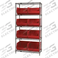QUANTUM STORAGE SYSTEMS Bin Shelving: 36 in x 18 in x 74 in, 1 Sided, 8 Bins, Open, Red, 5 Shelves (MPN WR5-270RD). Key specifications — Includes Bins: Yes; Bin Material: Polypropylene; Frame Color: Silver; Bin HxWxD: (8) 11 in x 16-1/2 in x 18 in; Frame Material: Steel; Bin Color: Red; Bin Style: Hang and Stack; Brand: QUANTUM STORAGE SYSTEMS.