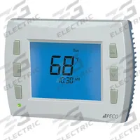 PECO Low Voltage Thermostat: Heat and Cool, Auto and Manual, 5-1-1/5-2/7 Day, Horizontal, Rectangle (MPN T8532-001). Key specifications — Application: Heat and Cool; Stages: 3H/2C Conventional, 4H/2C Heat Pump; Programming Capability: 7 Day; Shape: Rectangle; Terminal Designations: W2 (AUX); Temperature Control Range: 50° to 90°F; Changeover Type: Automatic and Manual; Brand: PECO.