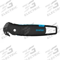 MARTOR Hook-Style Safety Cutter: 6 1/16 in Overall Lg, Straight Handle, Textured, Steel, Black/Blue (MPN 350001.02). Key specifications — attr307620: Black/Blue; attr307617: Straight; attr307618: Textured; attr307619: Steel; attr307627: Includes Tape Splitter; attr307634: Plain; attr324885: MARTOR.