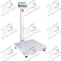 OHAUS Industrial Bench Scale: 24 in x 24 in, Not IP Rated, Column-Mounted, Defender 5000 (MPN 30461643). Key specifications — Connection Ports: 2 In/4 Out Discrete I/O; Readability: 0.02 lb/10 g; Brand: OHAUS; Weighing Surface Material: Stainless Steel.