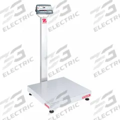OHAUS Industrial Bench Scale: 24 in x 24 in, Not IP Rated, Column-Mounted, Defender 5000 (MPN 30461643). Key specifications — Connection Ports: 2 In/4 Out Discrete I/O; Readability: 0.02 lb/10 g; Brand: OHAUS; Weighing Surface Material: Stainless Steel.