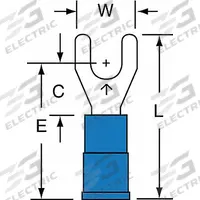 3M Fork Terminals: Blue, Vinyl, #8 Stud Size, 16 AWG – 14 AWG Wire Range, Std Fork, 600 V (MPN MV14-8FK). Key specifications