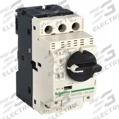 SCHNEIDER Manual Motor Starter: Non-Reversing, 3 Poles, 32 A, Thermal Protection, Selector Switch (MPN GV2P32). Key specifications — Maximum Voltage Rating: 600V AC; Brand: SCHNEIDER; Thermal Units Required: None (Starter Includes Integrated Thermal Units); Frame Size (Width): 45mm.