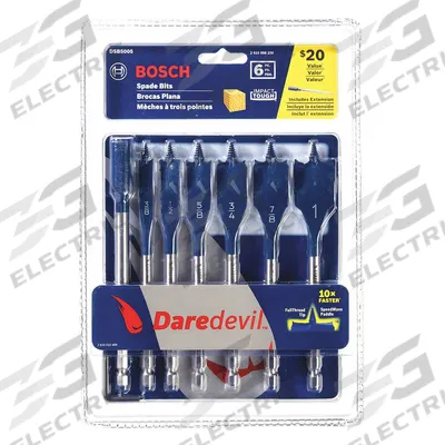 BOSCH Spade Drill Bit Set: 6 in Overall Lg, Bright (Uncoated), 1/4 in Shank Hex Size - Spade Drill Bit Sets