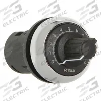 EATON Potentiometer: 22 mm Panel Mounting Size, 1,000 ohm Max Resist Rating, Metallic (Chrome) Bezel (MPN M22M-R1K-RH). Key specifications — Manufacturer Part Number: M22M-R1K-RH; Series: M22; Brand: EATON; Includes Dial Plate: Dial Plate Included; Knob Style: Oversized; Bezel Style: Metallic (Chrome).