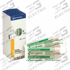 FIRST AID ONLY Adhesive Bandage: Strip Bandages, 3/4 in Wd, 3 in Lg, Not Metal Detectable, Plastic (MPN FAE-3004). Key specifications — Product Type: Strip Bandages; Unitized: Unitized; Water Resistance: Water Resistant; Brand: FIRST AID ONLY; Latex Content: Latex Free; Metal Detectable: Not Metal Detectable; Package Type: Box; Manufacturer Part Number: FAE-3004.