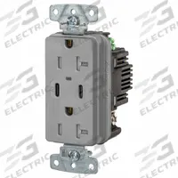 USB Receptacle: Duplex, 5-20R, 2 USB Ports, USB Type A/C, Gray, 125V AC, 20 A (MPN USB20CPDGY). Key specifications — Brand: HUBBELL.