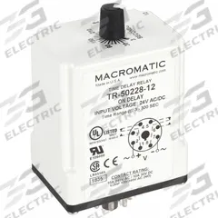 MACROMATIC Single Function Time Delay Relay: Socket Mounted, 24V AC/DC, 10 A, 8 Pins/Terminals (MPN TR-50228-12). Key specifications — Brand: MACROMATIC.