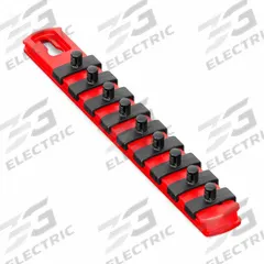 ERNST MANUFACTURING Socket Organizer Rail: Red, 1 1/8 in Overall Wd, 9 Posts/Slots, Plastic, Sockets (MPN 8410M). Key specifications — attr1125333: I.D. Stickers; attr1125348: Plastic; attr1125346: ERNST MANUFACTURING; attr1125347: Red; attr1136588: Sockets; attr1125364: Socket Rail.