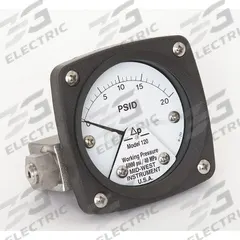 MIDWEST INSTRUMENT Differential Pressure Gauge: Back, 1/4 in NPT Female, ±3-2-3% Gauge Accuracy, 120 (MPN 120-SA-00-OO-20P). Key specifications — Sensor Type: Piston; Series: 120; Housing Material: 316L Stainless Steel; Certificate of Calibration: Not Included; Gauge Accuracy: ±3-2-3%.