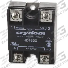 CRYDOM Solid State Relay: Surface Mounted, 50 A Max Output Current, SCR, AC Output (MPN HD4850). Key specifications — Brand: CRYDOM; Current Type: AC; Electrical Connection: Screw Clamp; Finger Safe: No; Input Current: 12 mA; Maximum Output Current without Heat Sink: 12 A; Mounting Style: Panel; Output Voltage: 48 to 530V AC.