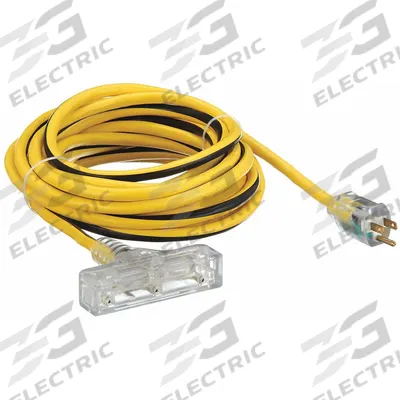 APPROVED VENDOR Extension Cord: Outdoor Use, 25 ft Lg, 3 Outlets, 5-15P, 12/3, SJTW - Outdoor Extension Cords with Multiple Outlets