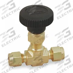 PARKER Needle Valve: Inline Valve Body, Brass, Integral Bonnet, 3/8 in Pipe Size, Compression, PTFE (MPN 6A-V6LN-B). Key specifications — For Media: Chemicals; Standards: ISA S75.02; Brand: PARKER; Valve Series: V; Stem Type: Regulating; Connection Type - Side 1: Compression; Connection Type - Side 2: Compression; Connection Type: Compression x Compression.