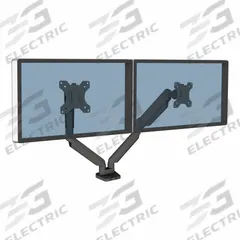 FELLOWES Dual Monitor Arm: Black, Aluminum/Plastic, Clamp/Grommet Mount, 18 lb Wt Capacity (MPN 8042501). Key specifications — Features: Gas Spring Adjustment; Material: Aluminum; Brand: FELLOWES; Product Type: Dual Monitor Arm; Mount Mechanism: Clamp/Grommet; Color: Black.