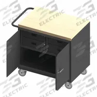 DURHAM MFG Mobile Cabinet Workbench: 36 in x 24 in, Butcher Block, 1,200 lb Overall Load Capacity (MPN 3119-MT-95). Key specifications — Included Components: Handle on Side; Assembly: Fully Assembled; Brand: DURHAM MFG.