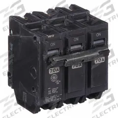GE Miniature Circuit Breaker: THQL, 70 A, 120/240V AC, Three Phase, 10kA at 120/240V AC, Std (MPN THQL32070). Key specifications — Amps: 70 A; AC Voltage Rating: 120/240V AC; Phase: Three; Max. AIR Rating: 10kA at 120/240V AC; For Use With: Power Mark Gold Load Centers and AQ Lighting Panels.