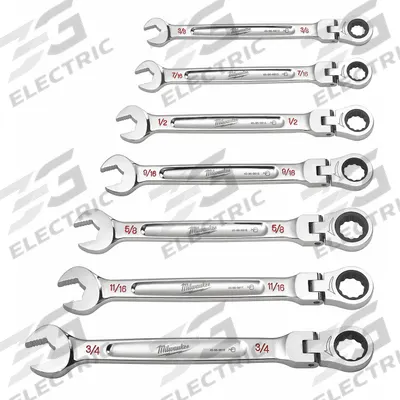 MILWAUKEE Combination Wrench Set: Steel, Chrome Vanadium, 7 Tools, Flex - SAE 12-Point Ratcheting Combination Wrench Sets