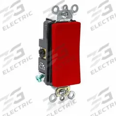LEVITON Wall Switch: Rocker Switch, 3-Way, Maintained, Red, 120/277V AC, 20 A (MPN A5623-2R). Key specifications — Illuminated: No; Voltage Rating: 120/277V AC.