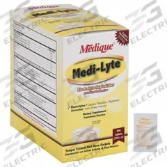 MEDIQUE Electrolyte Replenisher: 250 Individual Doses, Tablet (MPN 03013). Key specifications — Brand: MEDIQUE; Manufacturer Part Number: 03013; Exterior Package Type: Box; Flavor: Unflavored; Format: Tablet; Purpose: Heat Fatigue; Strength: Regular Strength; Unit Dose: Potassium 40 mg.