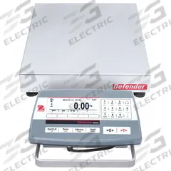 OHAUS Industrial Bench Scale: 12 in x 12 in, Not IP Rated, Front-Mounted, Defender 5000 (MPN 30461648). Key specifications — Connection Ports: RS-232; Readability: 0.001 lb/0.5 g; Brand: OHAUS; Weighing Surface Material: Stainless Steel.