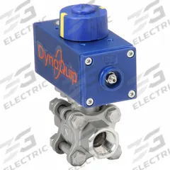 DYNAQUIP CONTROLS Pneumatically Actuated Two-Way Ball Valve: 3/8 in, Stainless Steel, FNPT x FNPT (MPN P3S22AJDA032A). Key specifications — Brand: DYNAQUIP CONTROLS; Pilot Solenoid Voltage: 115V AC.