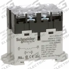 SCHNEIDER Enclosed Power Relay: DIN-Rail & Surface Mounted, 30 A Current Rating, 120V AC, SPST-NO (MPN 725AXXSC3ML-120A). Key specifications — attr211321: SCHNEIDER; attr864602: DIN Rail & Top Flange; attr864634: Screw Terminal; attr864642: 725AXXSC3ML-120A; attr869492: 30 A at 240V AC (Resistive Load); attr934629: Harmony™ 725 Power Series.