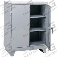 LYON Storage Cabinet: 36 in x 21 in x 46 in, Swing Handle & Padlock Hasp, 14 ga Panel Thick, Legs (MPN DD1110). Key specifications — attr62698: Gray; attr62736: Welded; attr87895: Legs; attr62693: Assembled; attr62737: Stationary; attr62694: Adjustable; attr62695: Powder Coated; attr62696: Steel.
