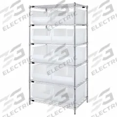 QUANTUM STORAGE SYSTEMS Shelving Unit: 24 in x 48 in x 74 in, 1 Sided, 10 Bins, Shelf Bin, Clear (MPN WR6-957CL). Key specifications — Includes Bins: Yes; Frame Color: Chrome; Bin HxWxD: 12 x 22-1/2 x 23-7/8 in; Frame Material: Carbon Steel; Bin Color: Clear; Bin Style: Shelf; Brand: QUANTUM STORAGE SYSTEMS.