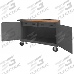DURHAM MFG Mobile Cabinet Workbench: 48 in x 24 in, Hardboard, 3,600 lb Overall Load Capacity, Gray (MPN 3414-TH-FL-95). Key specifications — Included Components: Handle on Side; Assembly: Fully Assembled; Brand: DURHAM MFG.