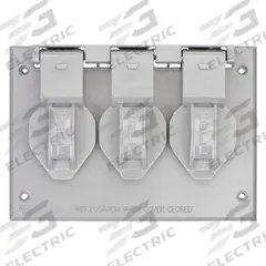BELL Weatherproof Cover: Aluminum, Outdoor Receptacles, 3 Gangs, 4 9/16 in Overall Ht, 3R, Gray (MPN 5093-0). Key specifications — Brand: BELL; Color: Gray; Compatible with Product Type: Outdoor Receptacles; Mounting Orientation: Vertical.