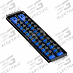 ERNST MANUFACTURING Socket Organizer: Blue, 3 5/8 in Overall Wd, 22 Posts/Slots, Sockets (MPN 8497). Key specifications — attr1125333: (22) Socket Clips; attr1125346: ERNST MANUFACTURING; attr1125347: Blue; attr1136588: Sockets; attr1125364: Socket Bit Tray.