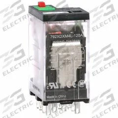 SCHNEIDER General Purpose Relay: Socket Mounted, 6 A Current Rating, 120V AC, 4PDT, G Socket (MPN 792XDXM4L-120A). Key specifications — Brand: SCHNEIDER; Base Type: Square; Mounting Style: Plug-In; Electrical Connection: Faston Connector; Manufacturer Part Number: 792XDXM4L-120A; Operating Current: 6 A at 277V AC (Conforming to UL); Series: 792 Series.