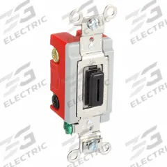 HUBBELL Wall Switch: Locking Switch, Single Pole/Double Throw, Momentary, Black, 120/277V AC, 20 A (MPN HBL1557L). Key specifications — Illuminated: No; Voltage Rating: 120/277V AC.