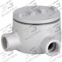Conduit Outlet Body: Aluminum, GR, 1 1/2 in Trade Size, L Body, 72 cu in Body Capacity (MPN GRL150-A). Key specifications — Series: For Standard Body; Compatible Conduit Trade Size: 1-1/2 in; Thread Gender: Female; Hub Style: Threaded; Cover Included: Yes; Body Style: L; Connection Type: Threaded; Back Type: Round.