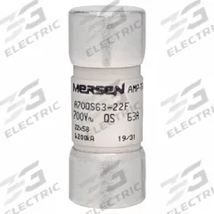 Semiconductor Fuse: A70QS Series, 63 A, 700 V AC, 700 V DC DC Volt Rating, Indicating (MPN A70QS63-22F). Key specifications — Series: A70QS; Brand: MERSEN; Voltage Type: AC/DC.