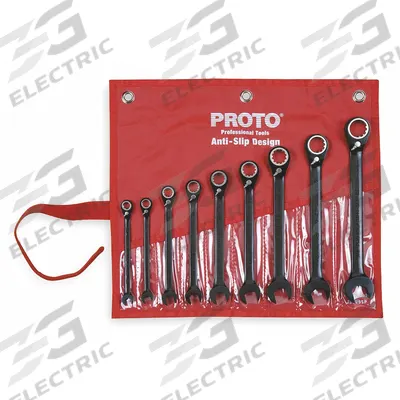 PROTO Combination Wrench Set: Alloy Steel, Black Chrome, 9 Tools, Offset, Reversing - SAE 12-Point Ratcheting Combination Wrench Sets