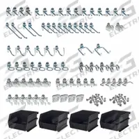 TRITON PRODUCTS Hooks and Hanging Bins: 1/4 in_1/8 in Peg Hole, For 1 in Pegboard Hole Spacing (MPN 76983). Key specifications — Finish: Zinc-Plated; Color: Silver; For Tool Type: Multiple; Includes: (10) 2-1/2 in Single Rod 30° Bends; Locking System: Screw-In; Mounting Type: Surface; Material: Steel; Accessory Type: Hook and Bin Assortment Kit.