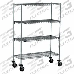 METRO Wire Shelving Unit: 48 in x 18 in x 67 7/8 in, Dry, Quick-Adjust, 4 Shelves, Silver (MPN CART 2B). Key specifications — Color: Silver; Finish: Chrome; Recommended Environment: Dry; Post Shape: Round; Number Of Shelves: 4; Caster Wheel/Configuration: (2) Swivel with Brakes; Material: Steel; Caster Wheel/Tread Material: Rubber.