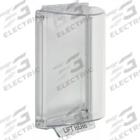 SAFETY TECHNOLOGY INTERNATIONAL Enclosed Protective Cover: Polycarbonate, 5 15/16 in Overall Dp (MPN STI-13000NC). Key specifications — Manufacturer Part Number: STI-13000NC; Brand: SAFETY TECHNOLOGY INTERNATIONAL; Color: Clear; For Location: Indoor; For Use With: Electrical Light Switches or Duplex Plugs; IP Rating: IP56; Includes: Mounting Hardware; Legend: LIFT HERE.