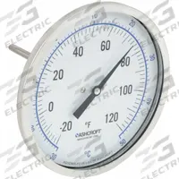 ASHCROFT Dial Thermometer: -20°F to 120°F /-30°C to 50°C, ±1% Accuracy, 4 in Stem Lg, 5 in Dial Dia (MPN 50EI60R). Key specifications — Accuracy: ±1 %; Brand: ASHCROFT.