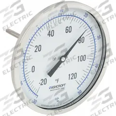 ASHCROFT Dial Thermometer: -20°F to 120°F /-30°C to 50°C, ±1% Accuracy, 4 in Stem Lg, 5 in Dial Dia (MPN 50EI60R). Key specifications — Accuracy: ±1 %; Brand: ASHCROFT.
